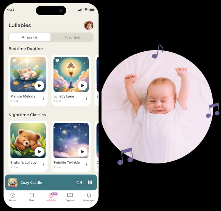 Curated baby playlist on the Cradlewise app